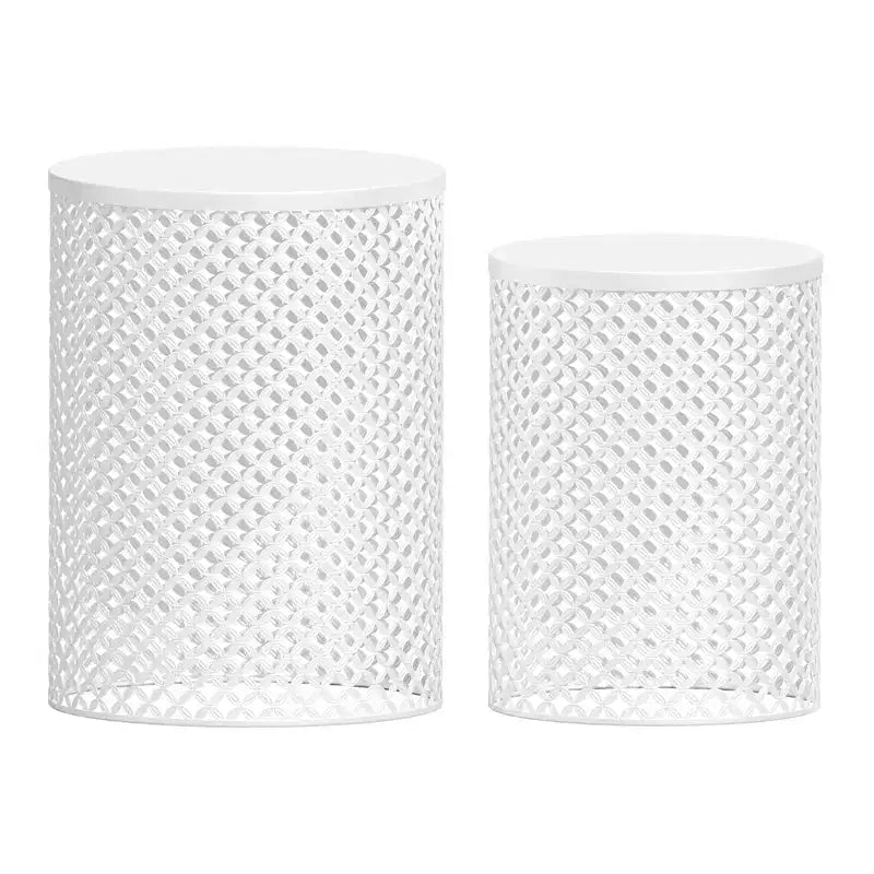 NAYSAYE Patio End Table Set of 2 Round Metal Mesh Design End Tables for Patio Deck Garden Poolside, White, 14.5*14.5*19.25