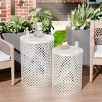 NAYSAYE Tavolino da Giardino, Set di 2 Tavolini Rotondi in Metallo con Design a Rete, per Patio, Terrazzo, Giardino, Bordo Piscina, Bianco, 14.5*14.5*19.25