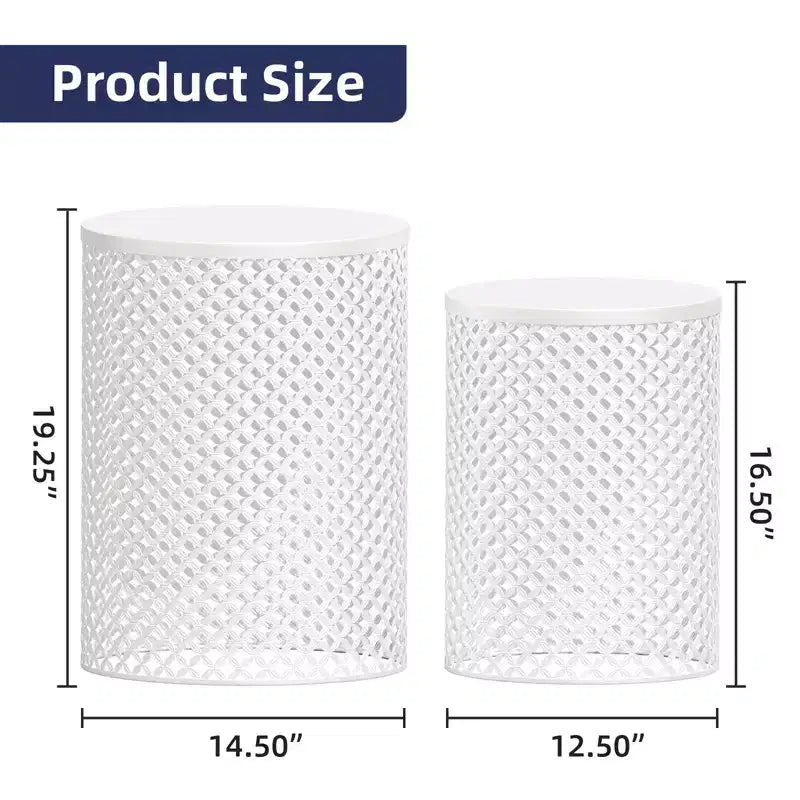 NAYSAYE Tavolino da Giardino, Set di 2 Tavolini Rotondi in Metallo con Design a Rete, per Patio, Terrazzo, Giardino, Bordo Piscina, Bianco, 14.5*14.5*19.25