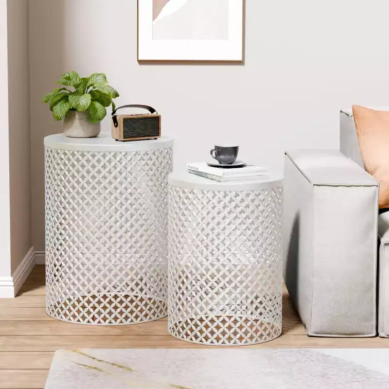 NAYSAYE Tavolino da Giardino, Set di 2 Tavolini Rotondi in Metallo con Design a Rete, per Patio, Terrazzo, Giardino, Bordo Piscina, Bianco, 14.5*14.5*19.25