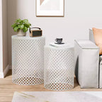 NAYSAYE Tavolino da Giardino, Set di 2 Tavolini Rotondi in Metallo con Design a Rete, per Patio, Terrazzo, Giardino, Bordo Piscina, Bianco, 14.5*14.5*19.25