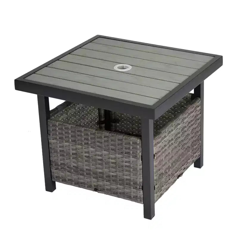 NAYSAYE Patio End Table Wicker Side Table PE Rattan Imitation Wood Top with Umbrella Hole for Outdoor Use, Gray, 22*22*18