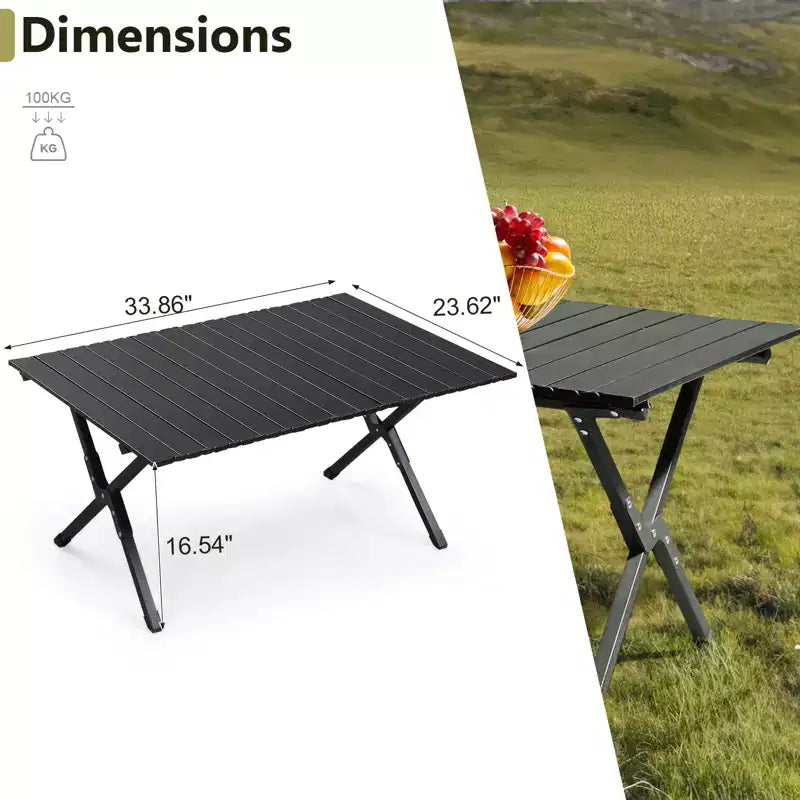 NAYSAYE Table d'appoint de patio, table de camping pliante en acier au carbone, conception enroulable, capacité de charge de 100 kg pour l'extérieur, noir, 33.86*23.62*16.54