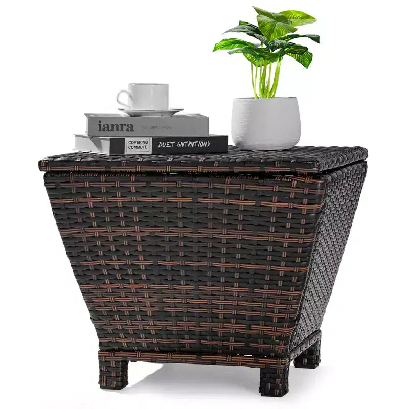 NAYSAYE Table d'appoint de patio trapézoïdale en rotin PE avec rangement de 49 litres, dégradé de marron, pour usage extérieur, marron, 50,8 x 50,8 x 41,9 cm