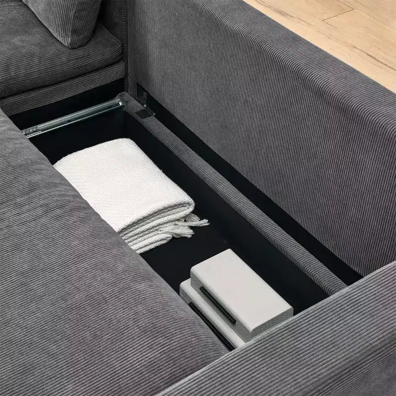 Divano Letto Convertibile a L Okak 90, Divano Sezionale Estraibile con Contenitore e Rivestimenti in Velluto a Coste Rimovibili per Soggiorno
