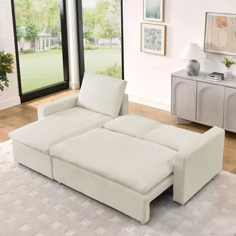 Divano Letto Convertibile a L Okak 90, Divano Sezionale Estraibile con Contenitore e Rivestimenti in Velluto a Coste Rimovibili per Soggiorno