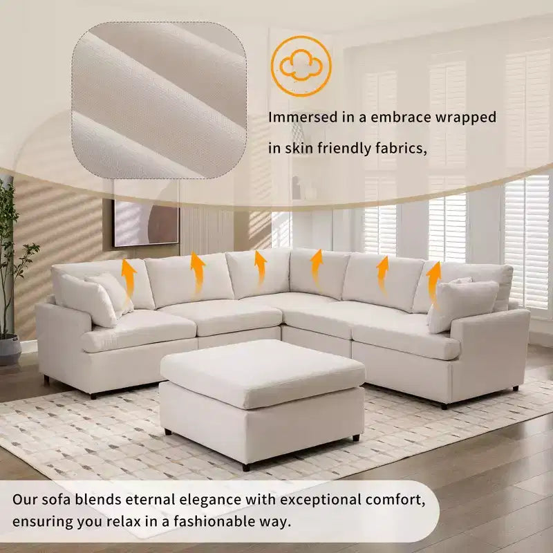 Divano componibile a U Okak con pouf mobile, divano moderno a 6 posti imbottito per soggiorno, appartamento