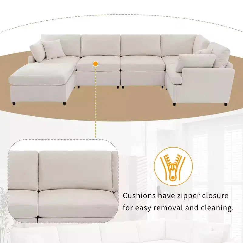 Divano componibile a U Okak con pouf mobile, divano moderno a 6 posti imbottito per soggiorno, appartamento