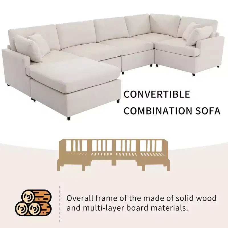 Divano componibile a U Okak con pouf mobile, divano moderno a 6 posti imbottito per soggiorno, appartamento