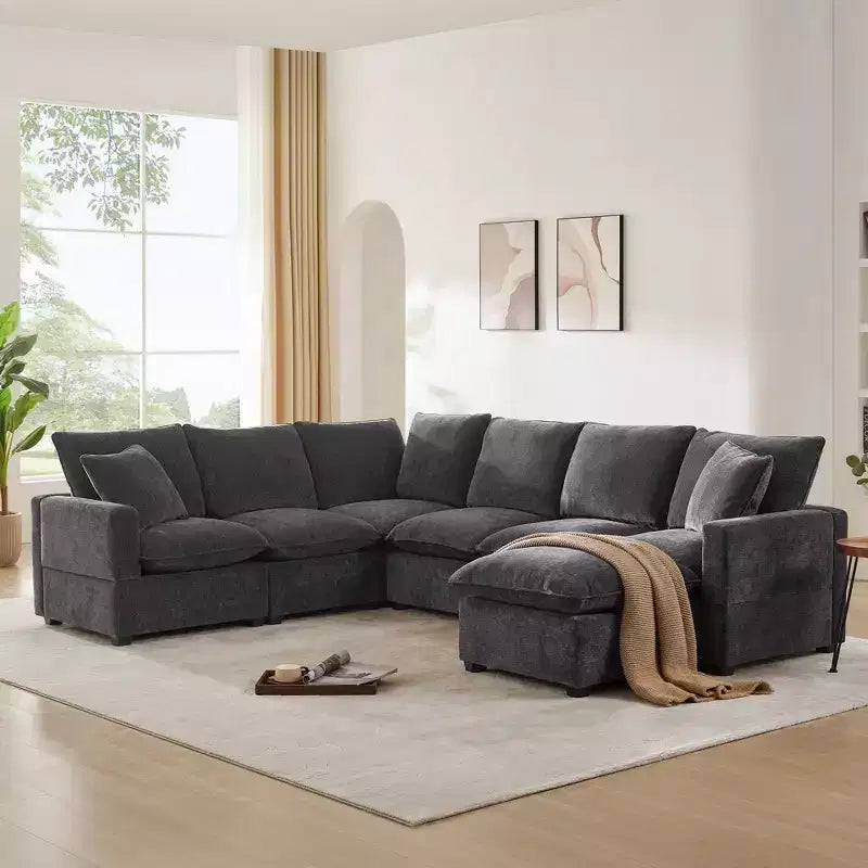 Divano componibile a U Okak con pouf mobile, divano moderno a 6 posti imbottito per soggiorno, appartamento