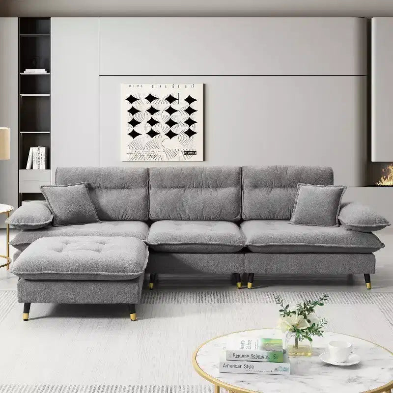 Canapé sectionnel convertible en L Okak 106 places avec pouf mobile et pieds réglables bicolores, canapé en chenille nuage pour salon, appartement