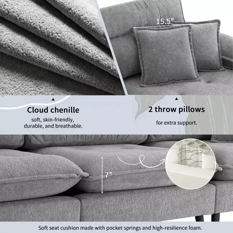 Canapé sectionnel convertible en L Okak 106 places avec pouf mobile et pieds réglables bicolores, canapé en chenille nuage pour salon, appartement