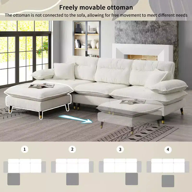 Canapé sectionnel convertible en L Okak 106 places avec pouf mobile et pieds réglables bicolores, canapé en chenille nuage pour salon, appartement