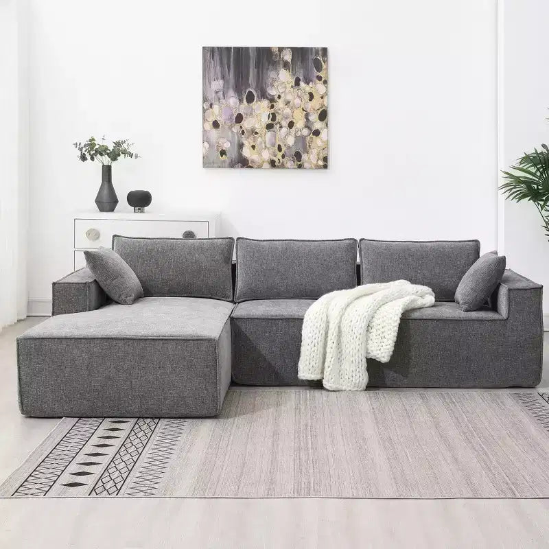 Divano componibile minimalista a L Okak, in ciniglia, da terra, imbottito compresso, 2 pezzi a combinazione libera per soggiorno, appartamento