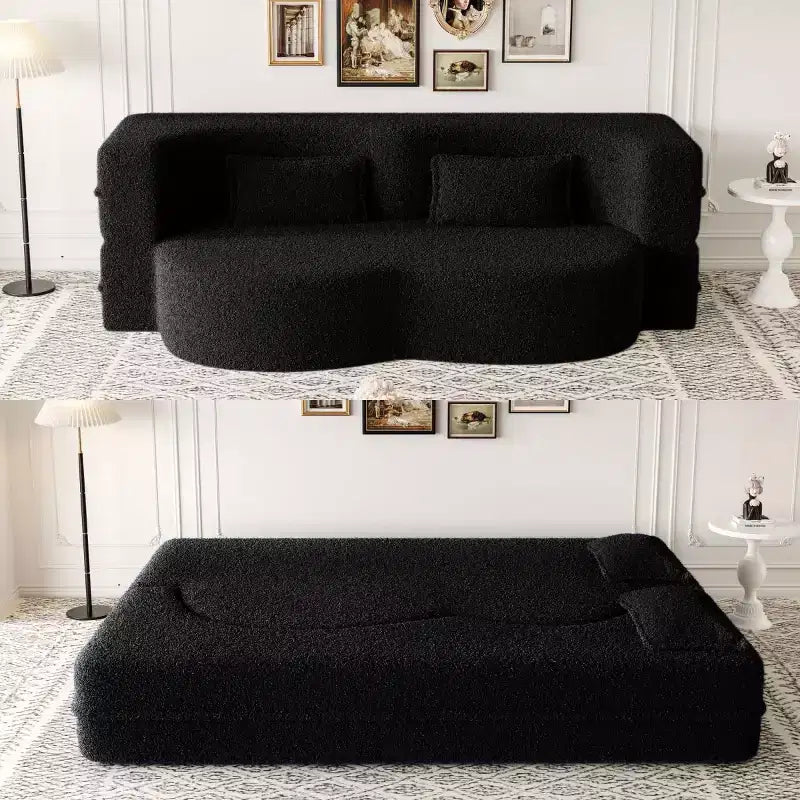 Divano componibile trasformabile moderno Okak, divano a pavimento con 2 cuscini, divano rivestito in tessuto Teddy, materasso pieghevole, nessun assemblaggio richiesto