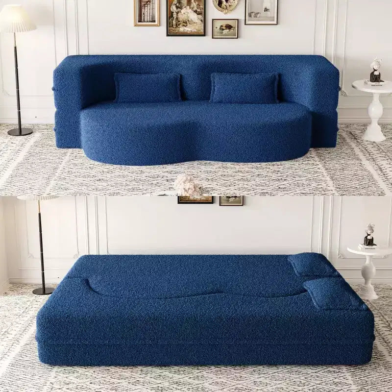 Divano componibile trasformabile moderno Okak, divano a pavimento con 2 cuscini, divano rivestito in tessuto Teddy, materasso pieghevole, nessun assemblaggio richiesto