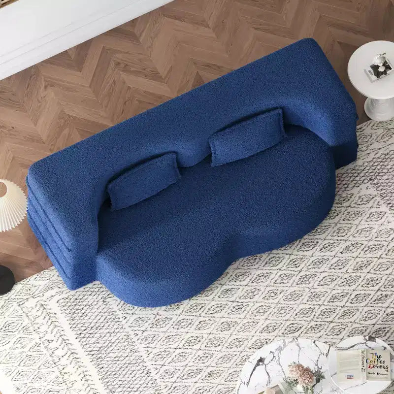 Divano componibile trasformabile moderno Okak, divano a pavimento con 2 cuscini, divano rivestito in tessuto Teddy, materasso pieghevole, nessun assemblaggio richiesto