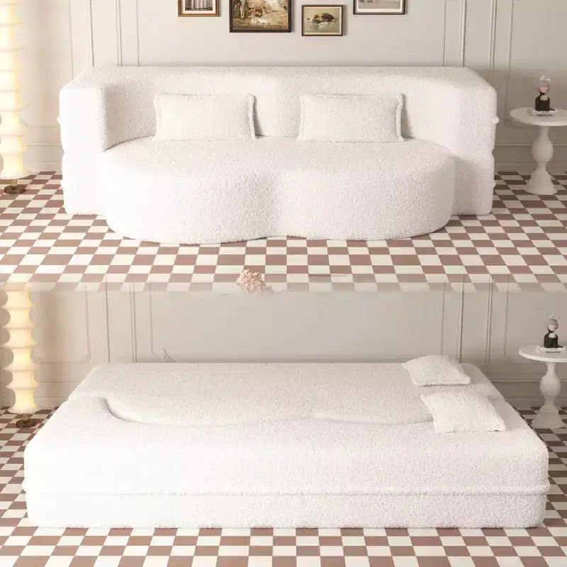 Divano componibile trasformabile moderno Okak, divano a pavimento con 2 cuscini, divano rivestito in tessuto Teddy, materasso pieghevole, nessun assemblaggio richiesto