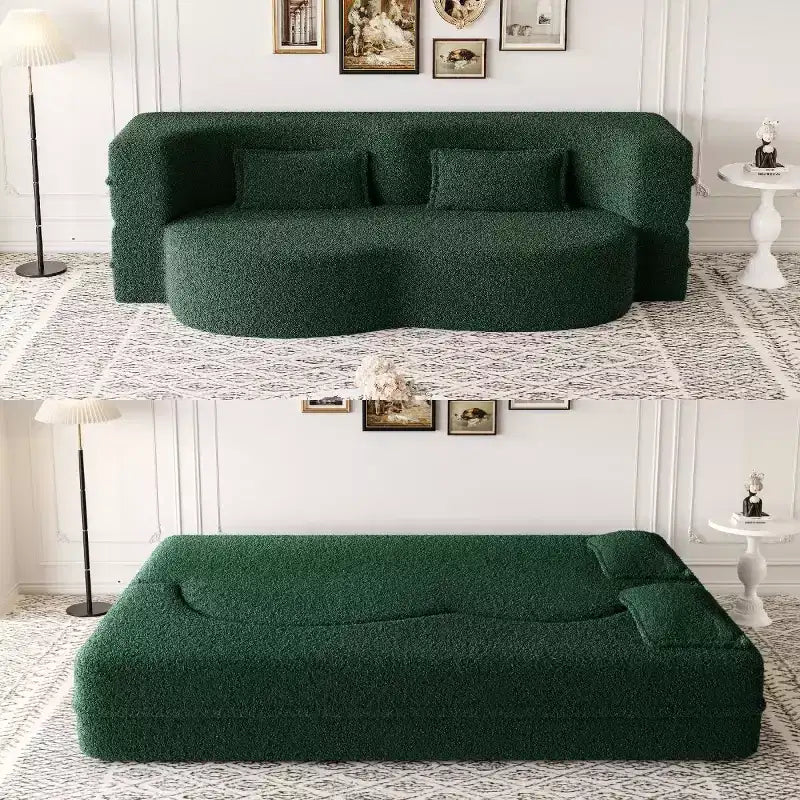Divano componibile trasformabile moderno Okak, divano a pavimento con 2 cuscini, divano rivestito in tessuto Teddy, materasso pieghevole, nessun assemblaggio richiesto