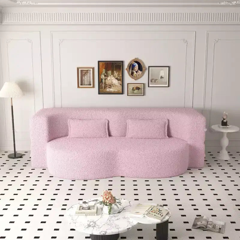 Divano componibile trasformabile moderno Okak, divano a pavimento con 2 cuscini, divano rivestito in tessuto Teddy, materasso pieghevole, nessun assemblaggio richiesto