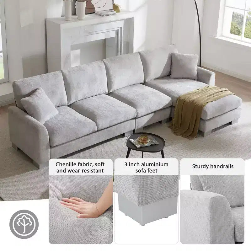 Divano componibile a 5 posti Okak Luxury 119 a forma di L extra large con penisola e 2 cuscini, divano in ciniglia effetto nuvola per soggiorno, appartamento, ufficio, blu