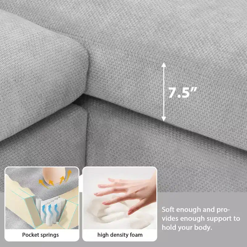 Divano componibile a 5 posti Okak Luxury 119 a forma di L extra large con penisola e 2 cuscini, divano in ciniglia effetto nuvola per soggiorno, appartamento, ufficio, blu