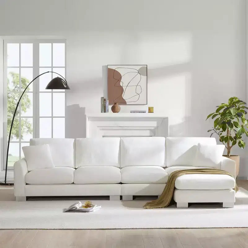 Divano componibile a 5 posti Okak Luxury 119 a forma di L extra large con penisola e 2 cuscini, divano in ciniglia effetto nuvola per soggiorno, appartamento, ufficio, blu