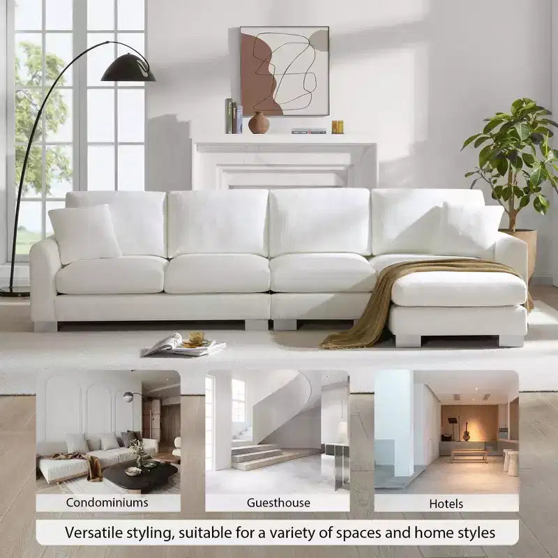 Divano componibile a 5 posti Okak Luxury 119 a forma di L extra large con penisola e 2 cuscini, divano in ciniglia effetto nuvola per soggiorno, appartamento, ufficio, blu