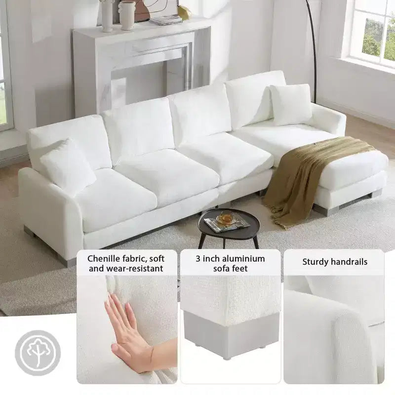 Divano componibile a 5 posti Okak Luxury 119 a forma di L extra large con penisola e 2 cuscini, divano in ciniglia effetto nuvola per soggiorno, appartamento, ufficio, blu