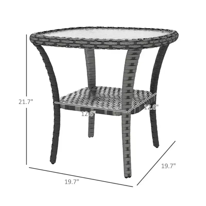 Tables d'appoint en rotin Okak Outdoor avec étagère de rangement, Table basse d'appoint de patio à 2 niveaux avec plateau en verre pour l'extérieur et l'intérieur, pour jardin, balcon, cour, piscine