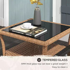 Tables d'appoint en rotin Okak Outdoor avec étagère de rangement, Table basse d'appoint de patio à 2 niveaux avec plateau en verre pour l'extérieur et l'intérieur, pour jardin, balcon, cour, piscine