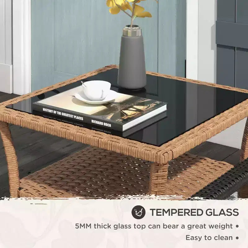 Tables d'appoint en rotin Okak Outdoor avec étagère de rangement, Table basse d'appoint de patio à 2 niveaux avec plateau en verre pour l'extérieur et l'intérieur, pour jardin, balcon, cour, piscine