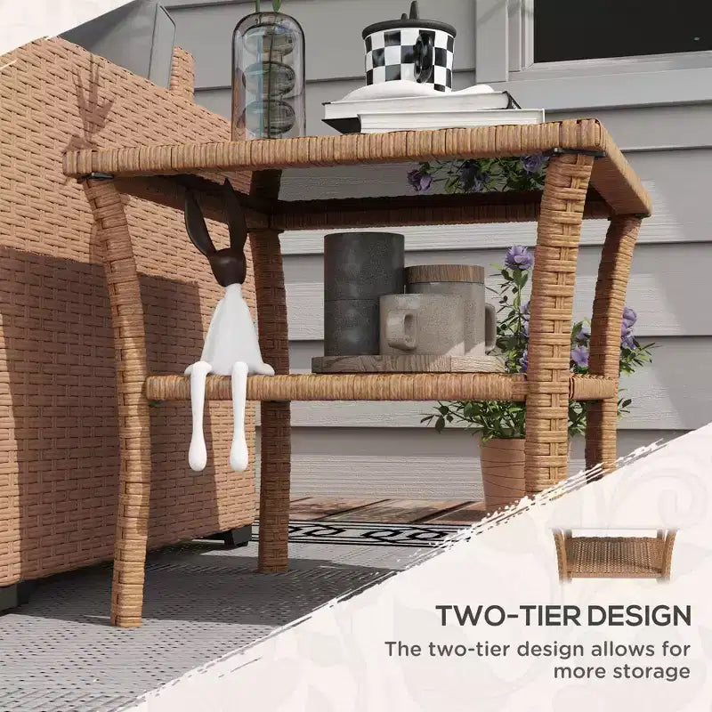 Tables d'appoint en rotin Okak Outdoor avec étagère de rangement, Table basse d'appoint de patio à 2 niveaux avec plateau en verre pour l'extérieur et l'intérieur, pour jardin, balcon, cour, piscine