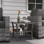 Tables d'appoint en rotin Okak Outdoor avec étagère de rangement, Table basse d'appoint de patio à 2 niveaux avec plateau en verre pour l'extérieur et l'intérieur, pour jardin, balcon, cour, piscine