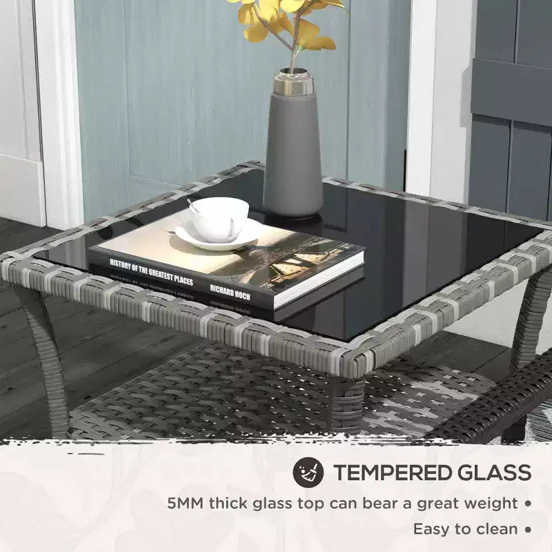 Tables d'appoint en rotin Okak Outdoor avec étagère de rangement, Table basse d'appoint de patio à 2 niveaux avec plateau en verre pour l'extérieur et l'intérieur, pour jardin, balcon, cour, piscine