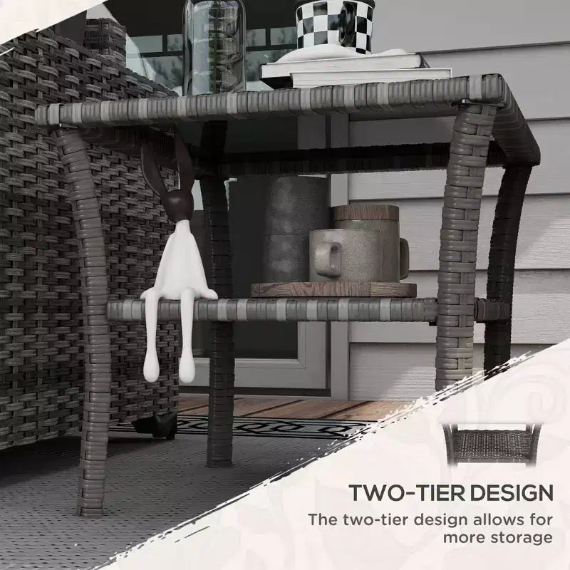 Tables d'appoint en rotin Okak Outdoor avec étagère de rangement, Table basse d'appoint de patio à 2 niveaux avec plateau en verre pour l'extérieur et l'intérieur, pour jardin, balcon, cour, piscine