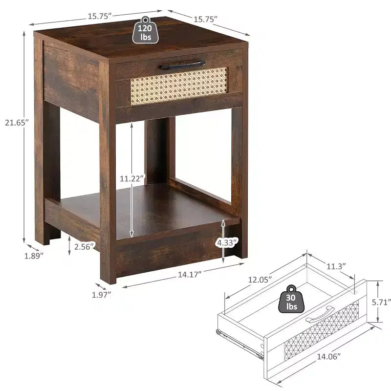 Okak 15.75 Table d'appoint rustique en rotin avec tiroir Table de chevet moderne Intérieur et extérieur pour salon et chambre à coucher