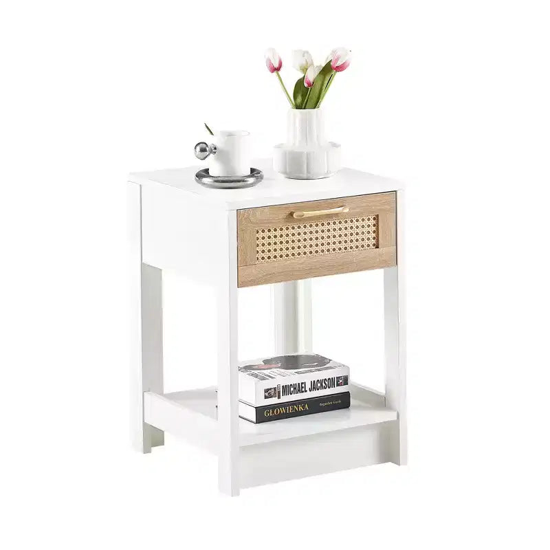 Okak 15.75 Table d'appoint rustique en rotin avec tiroir Table de chevet moderne Intérieur et extérieur pour salon et chambre à coucher