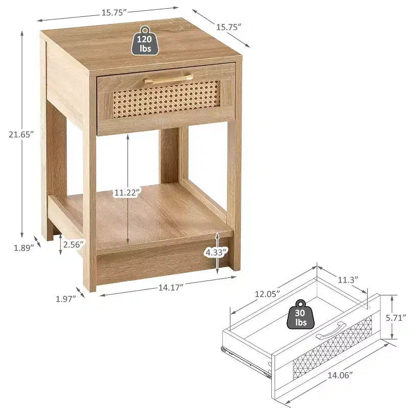 Okak 15.75 Table d'appoint rustique en rotin avec tiroir Table de chevet moderne Intérieur et extérieur pour salon et chambre à coucher