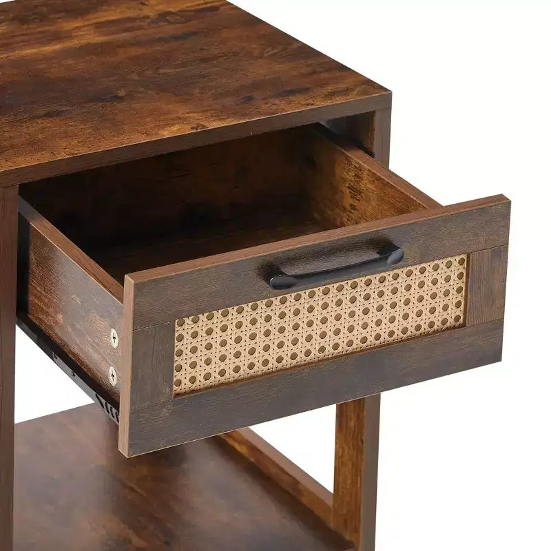 Okak 15.75 Table d'appoint rustique en rotin avec tiroir Table de chevet moderne Intérieur et extérieur pour salon et chambre à coucher
