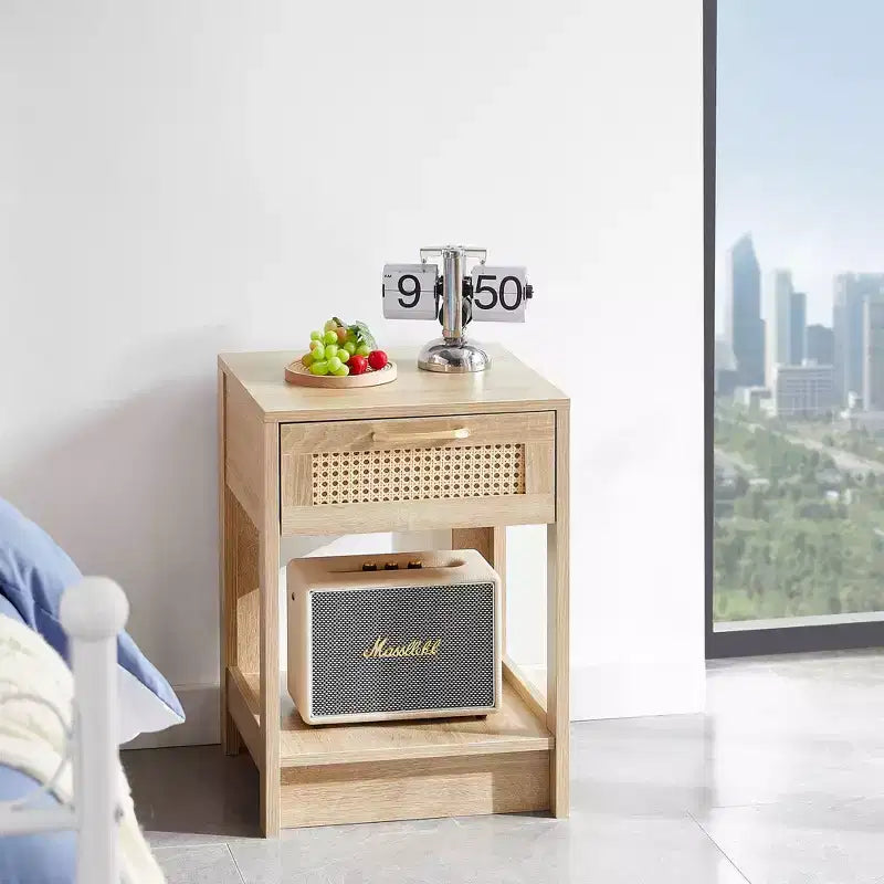 Okak 15.75 Table d'appoint rustique en rotin avec tiroir Table de chevet moderne Intérieur et extérieur pour salon et chambre à coucher