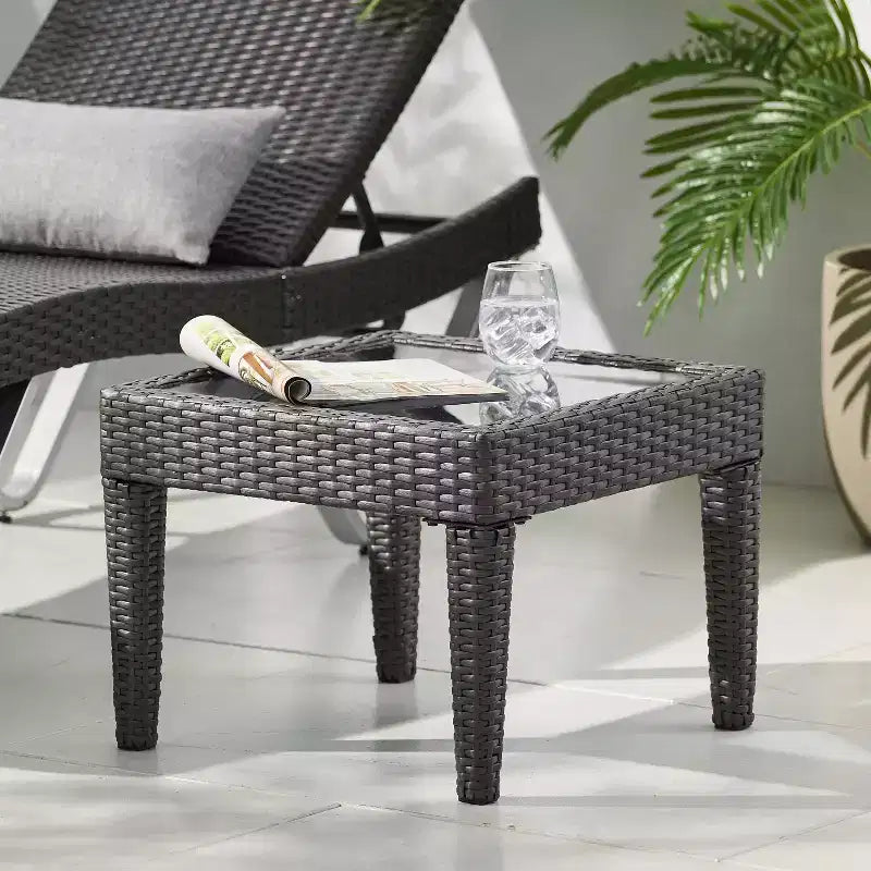 Okak Outdoor Wicker Side Tables with Glass Tabletop Waterproof Portable Patio End Table Nightstand Outdoor&Indoor for Garden Balcony Yard Pool
