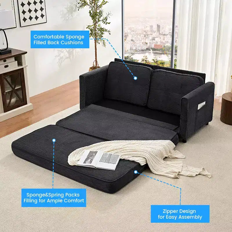Canapé-lit futon convertible 3-en-1 Mjkone, causeuse-lit pliable capitonnée avec poches latérales, gain de place