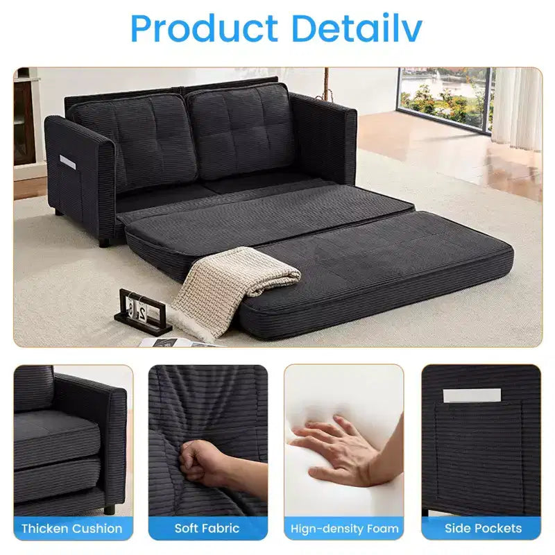 Canapé-lit futon convertible 3-en-1 Mjkone, causeuse-lit pliable capitonnée avec poches latérales, gain de place