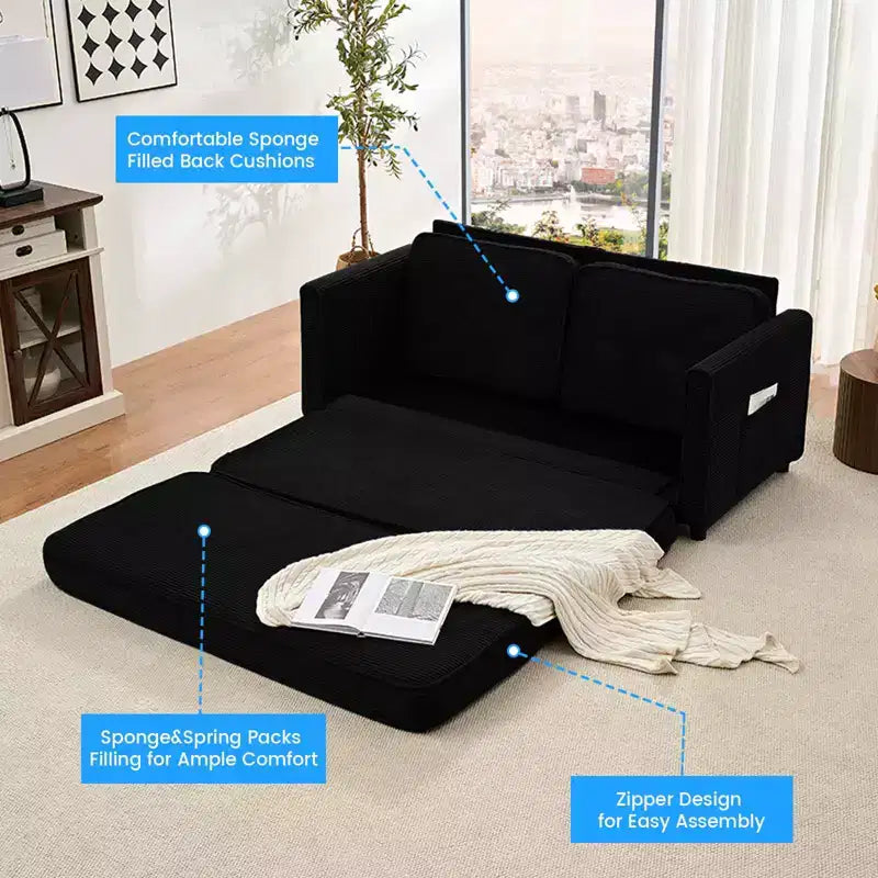 Mjkone Divano letto futon convertibile 3 in 1, divano letto trapuntato pieghevole a due posti con tasche laterali, salvaspazio