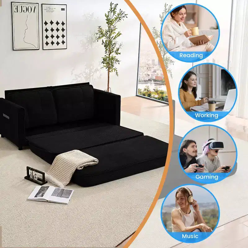 Canapé-lit futon convertible 3-en-1 Mjkone, causeuse-lit pliable capitonnée avec poches latérales, gain de place