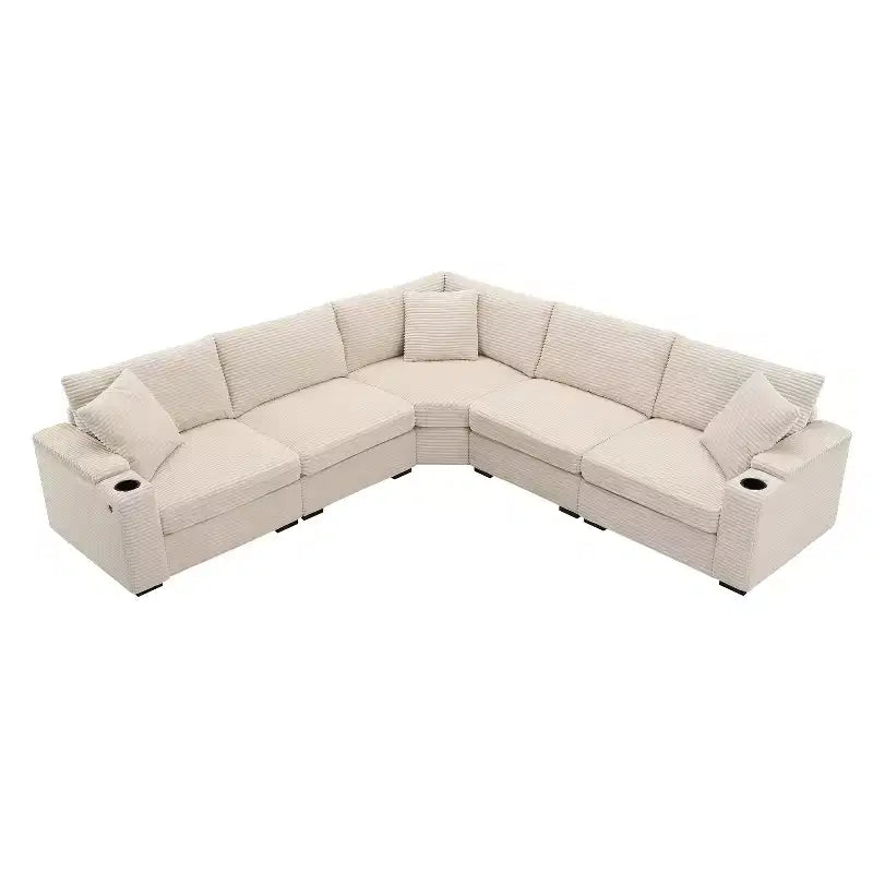 Divano sezionale a L convertibile Whisen Oversized, divano angolare in velluto a coste con bracciolo contenitore, portabicchieri, caricatore USB
