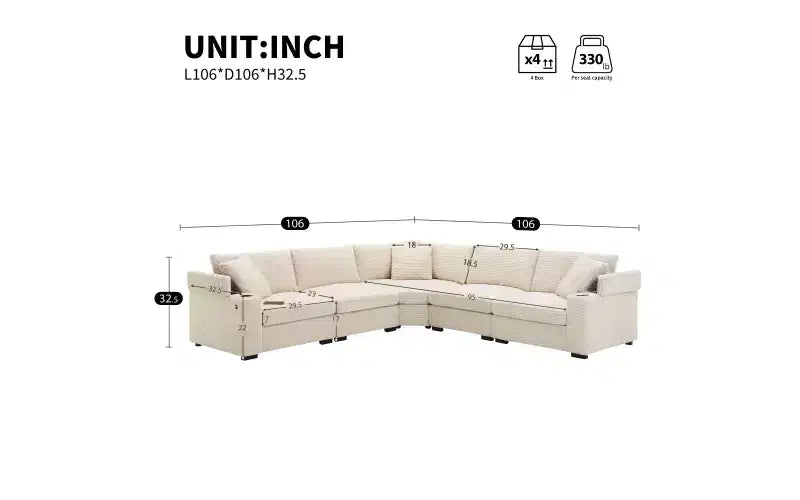 Divano sezionale a L convertibile Whisen Oversized, divano angolare in velluto a coste con bracciolo contenitore, portabicchieri, caricatore USB