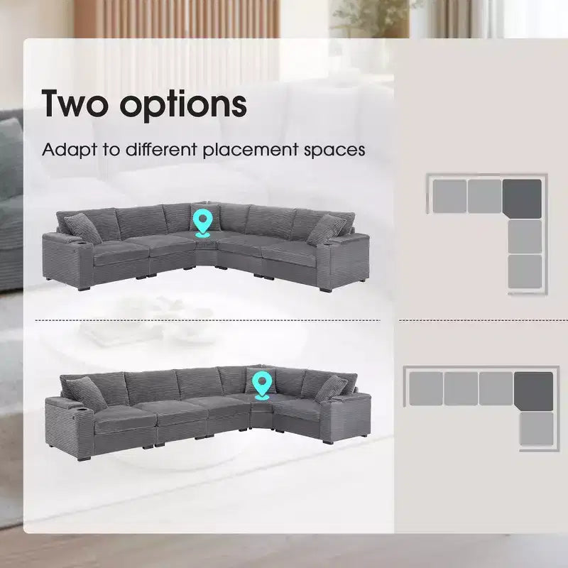 Divano sezionale a L convertibile Whisen Oversized, divano angolare in velluto a coste con bracciolo contenitore, portabicchieri, caricatore USB