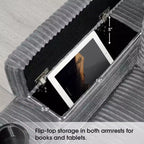 Divano sezionale a L convertibile Whisen Oversized, divano angolare in velluto a coste con bracciolo contenitore, portabicchieri, caricatore USB